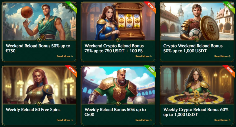 Banery promocyjne Casinia na cotygodniowy cashback i natychmiastowy rakeback.